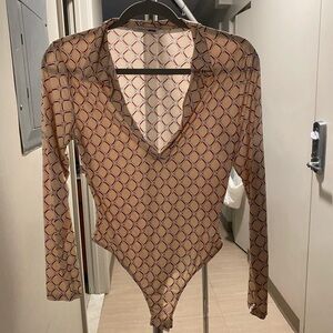 Fashion Nova Beige Geometric Long-Sleeve Bodysuit